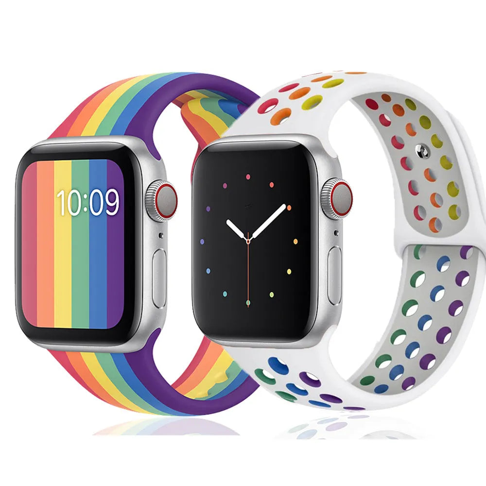 Silicone sports wristband with buckle closure in black, white and rainbow colours
