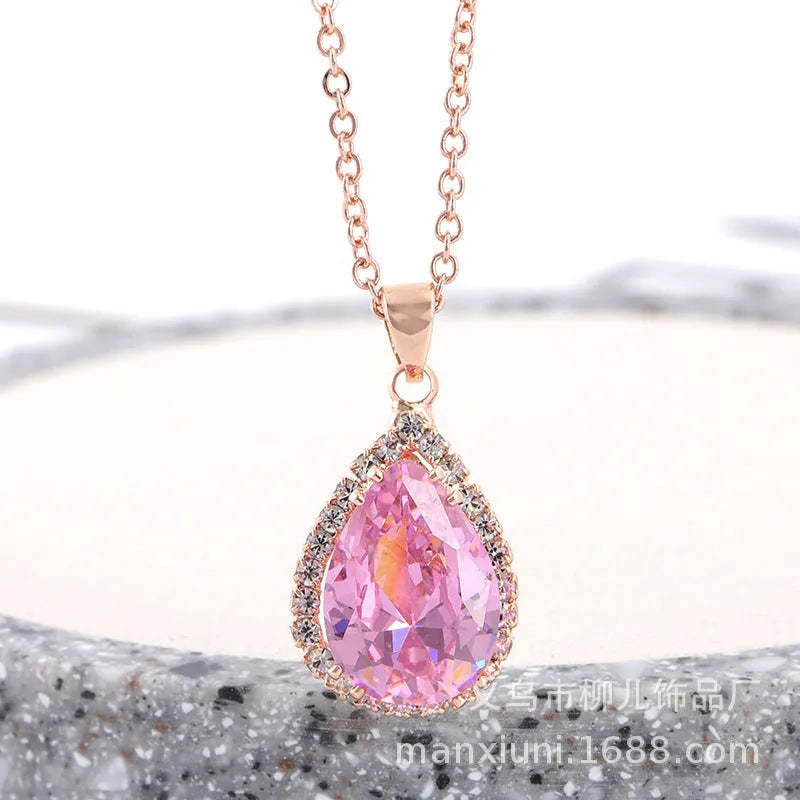 Rose gold pink drop shape alloy necklace with rhinestone and geometry elements