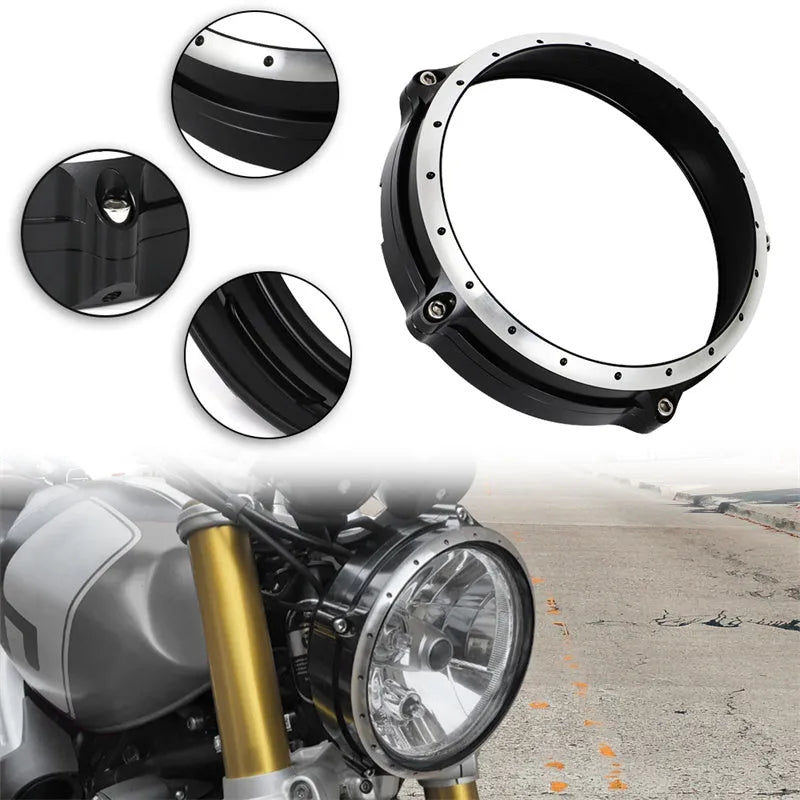 Black CNC aluminium headlight protective grille for BMW R nineT Scrambler motorcycle