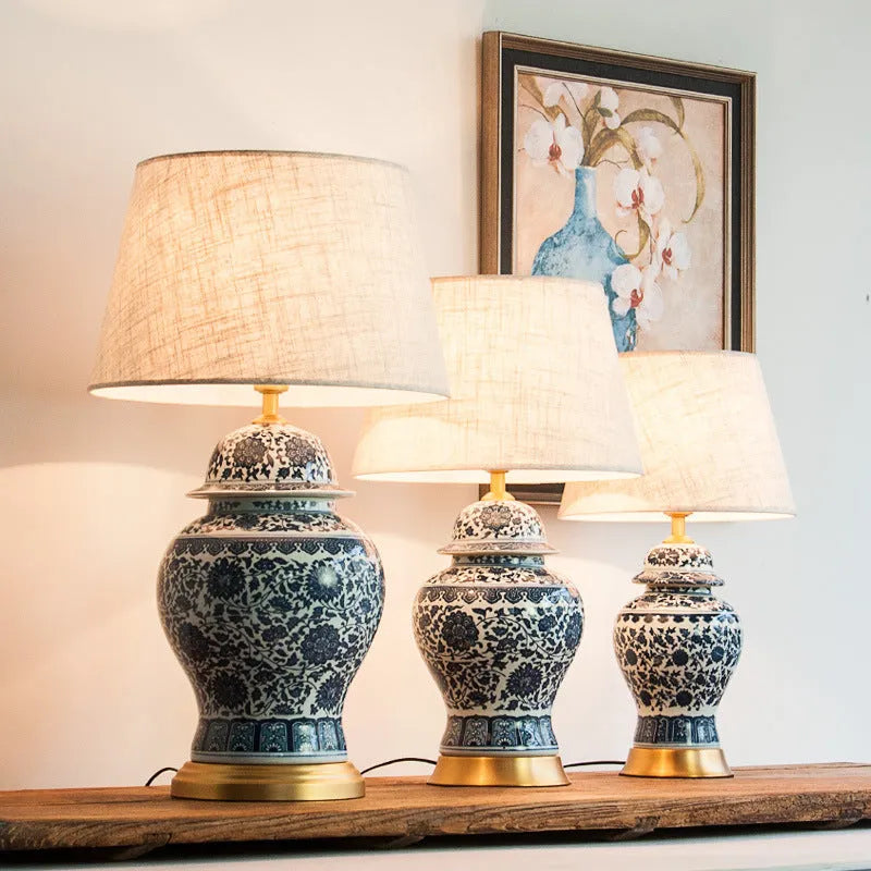 Blue and white Chinese porcelain table lamp with ceramic construction and copper fittings