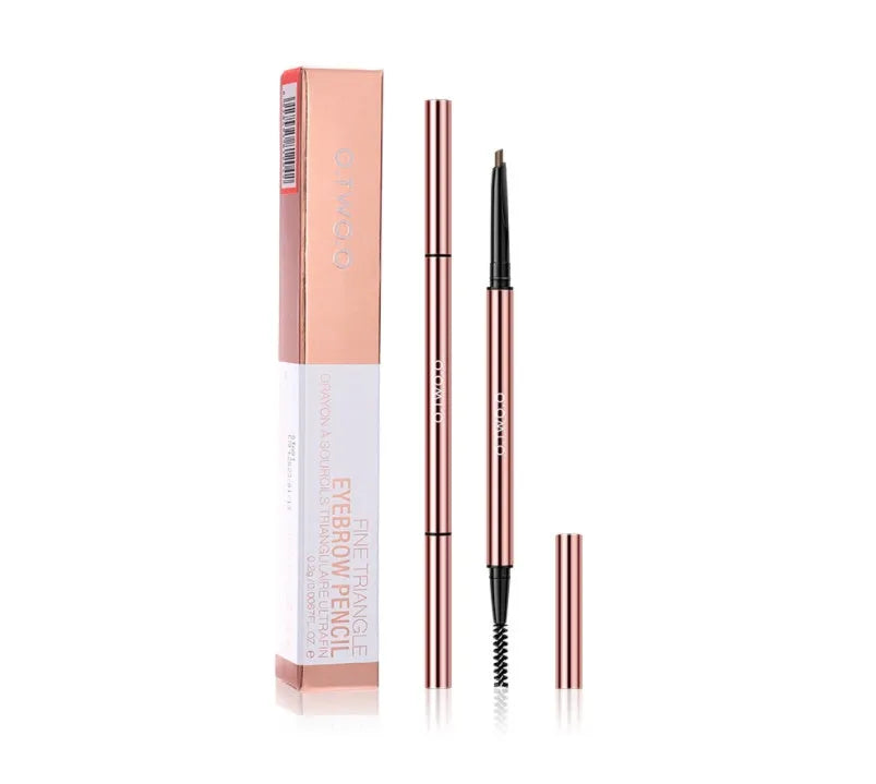 Eye brow make-up pencil in colour box packaging with six shade options shown, tapered tip visible.