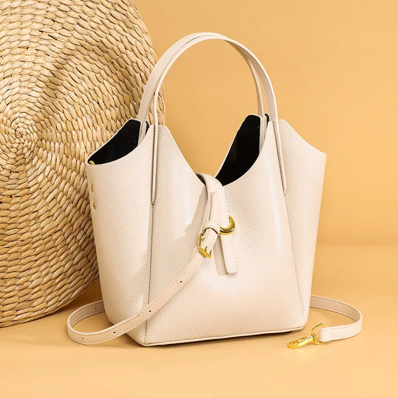 Genuine leather women's bucket handbag with file compartment in retro European style