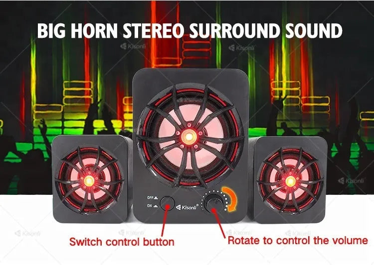 Green U-2600 USB 2.1 mini computer speaker with colourful glowing lights on a desk.