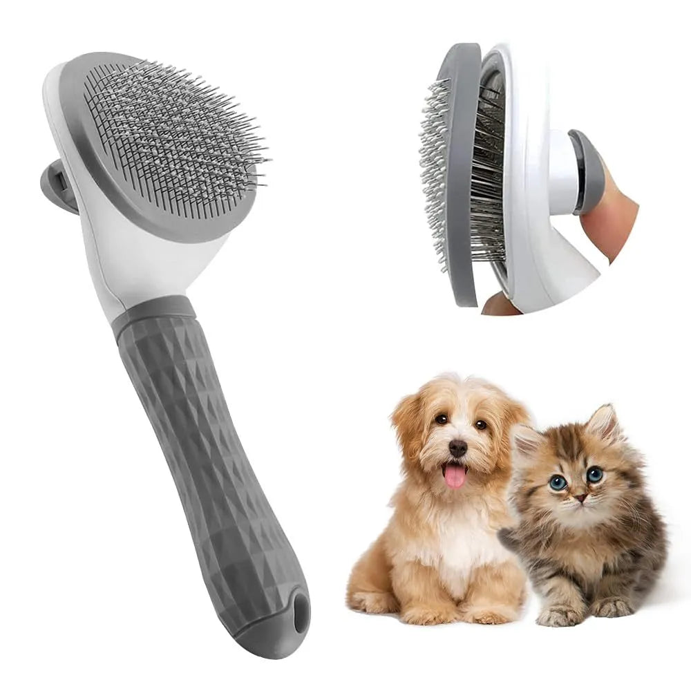 Blue cat grooming brush with a release button for removing collected pet hair.