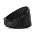 Black self-heating magnetic therapy neck guard with adjustable shoulder strap laid flat