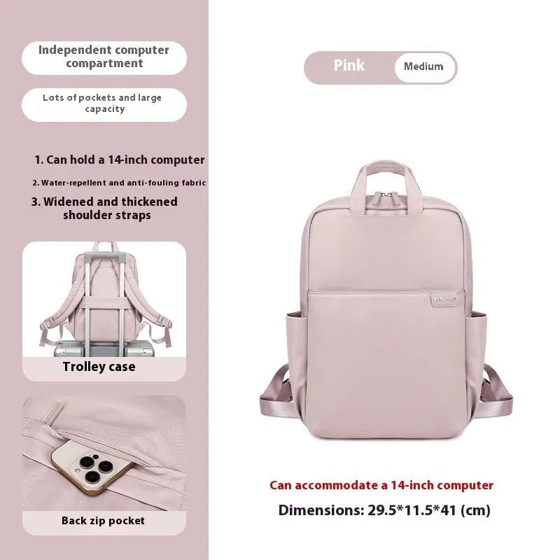 Women's canvas travel backpack in three sizes with multiple internal organisational compartments