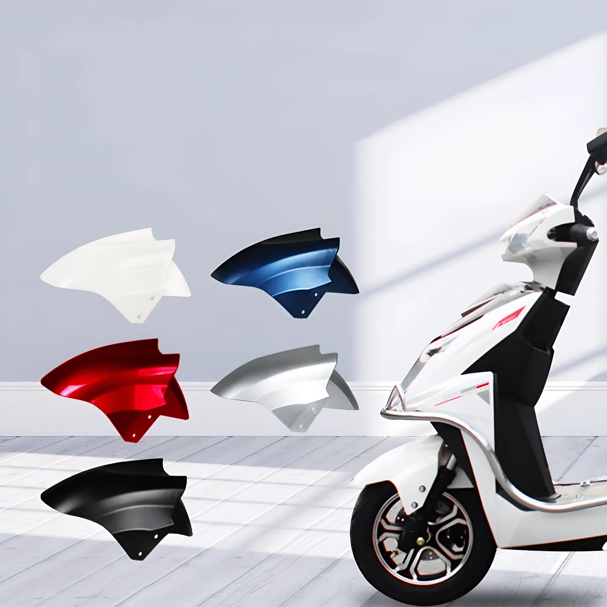 ABS plastic front wheel fender for an electric car, shown in a choice of colours including red, white, and black.