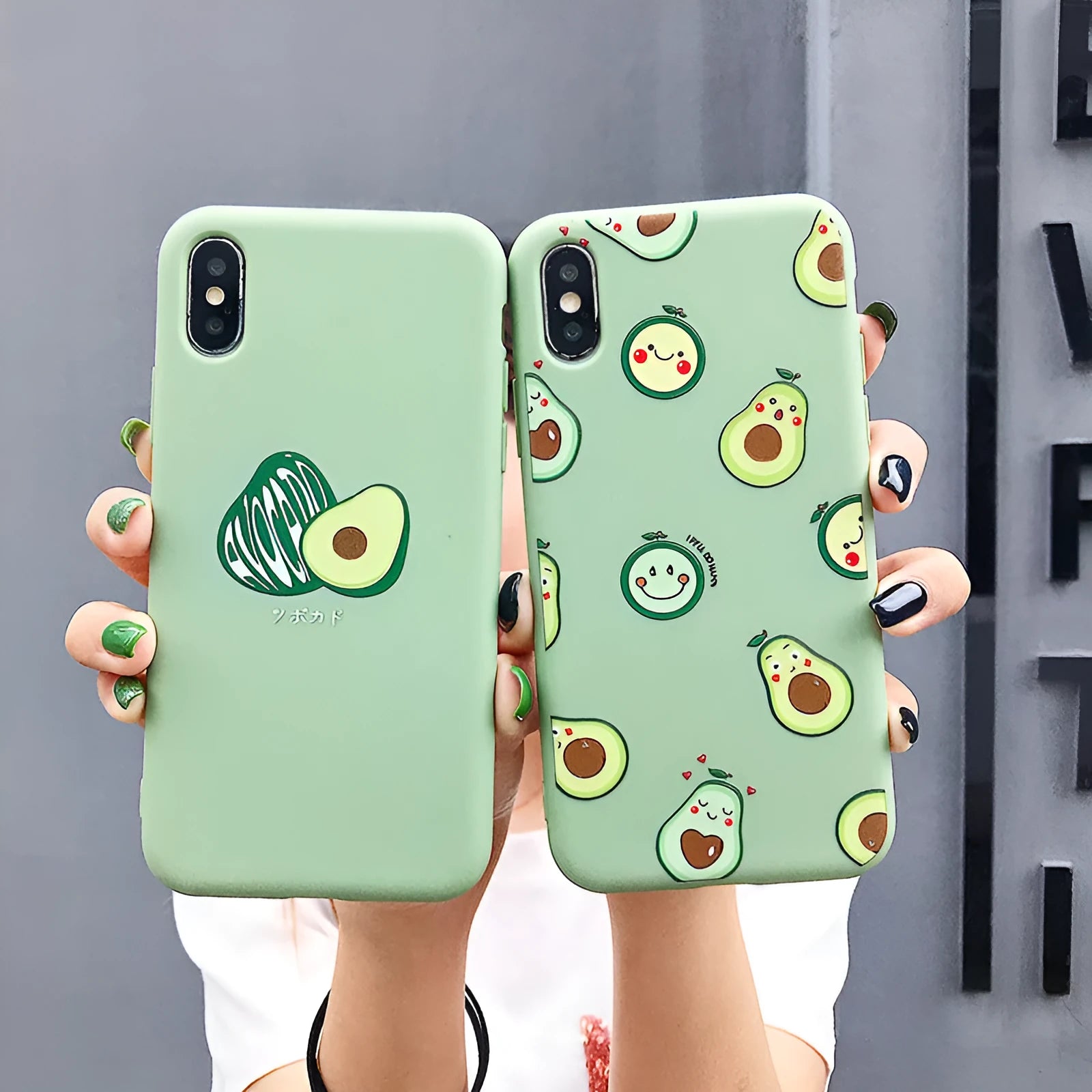 Avocado cartoon design on a green TPU phone case for iPhone.
