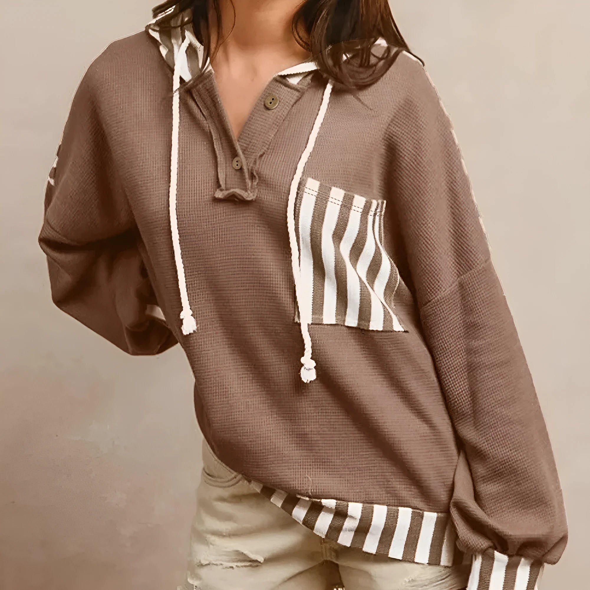 Straw yellow striped patchwork hoodie with waffle texture, button neck, and drawstring hood