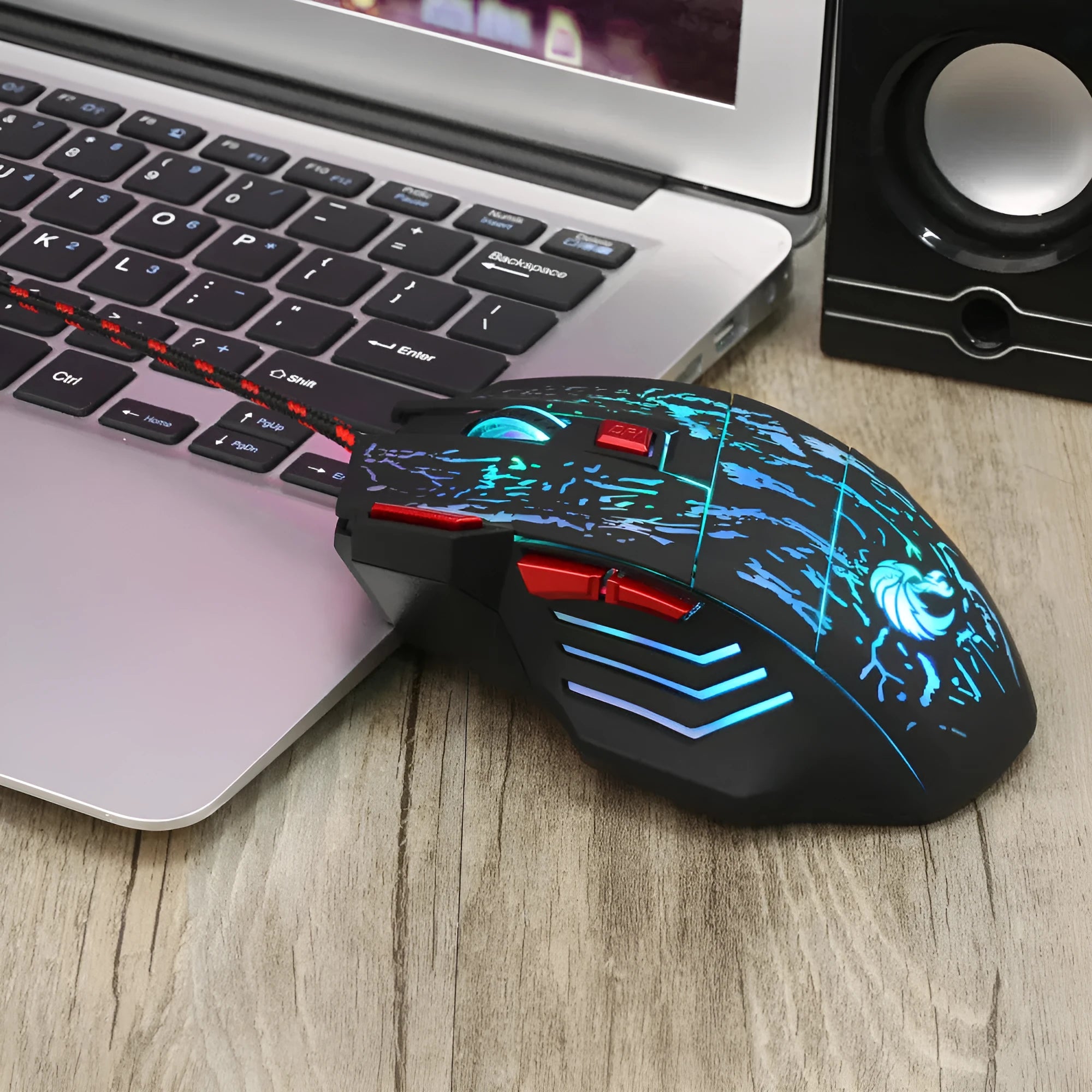 Black H300BK gaming mouse with colourful luminous crack design and USB cable