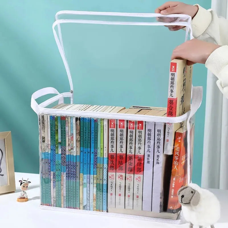 Large white foldable PVC storage bag with a transparent panel, shown next to magazines.