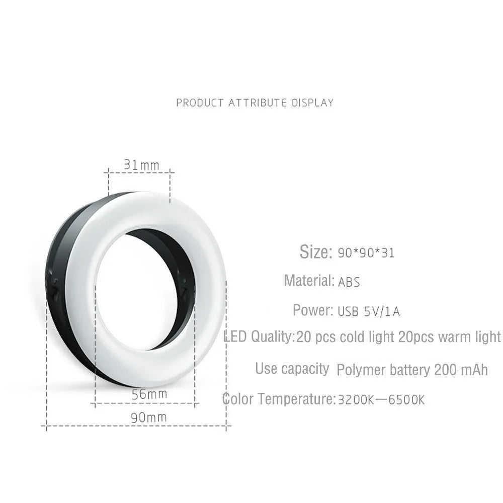 Compact black selfie ring light for smartphone photography with adjustable brightness settings
