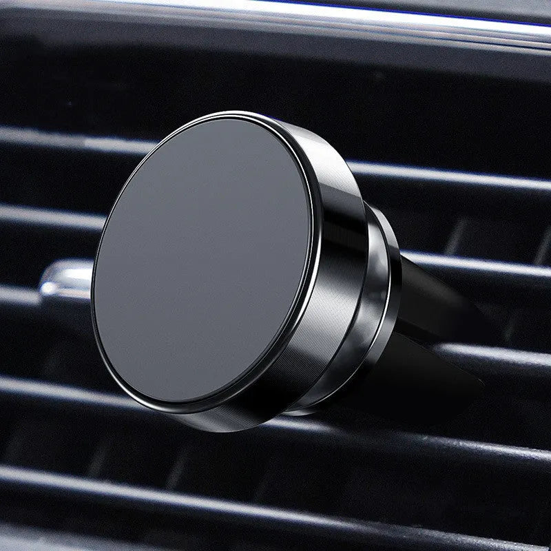 Aluminium alloy magnetic car phone holder in black, showing CD-textured finish and magnetic mount.
