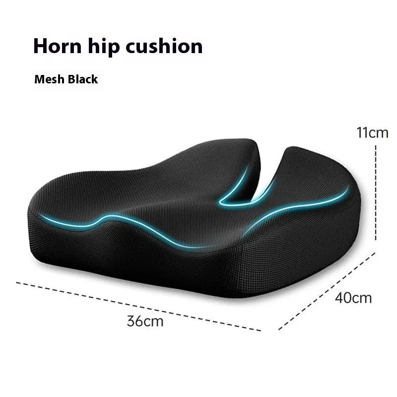 Dark grey memory foam office chair cushion measuring 36x40cm on a desk chair.