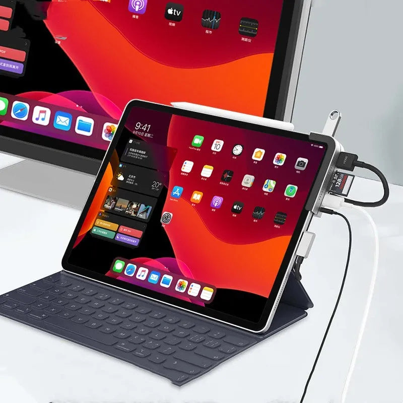 Silver aluminium USB-C docking station for iPad Pro with multiple connectivity ports