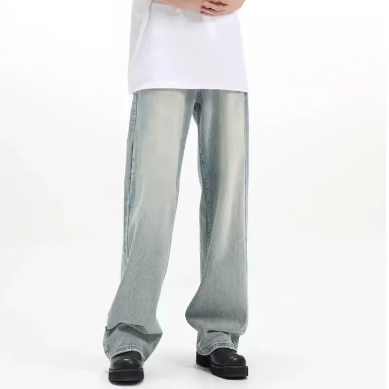Blue loose-fit retro casual trousers made from rabbit fur fabric on a neutral background.