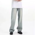 Blue loose-fit retro casual trousers made from rabbit fur fabric on a neutral background.