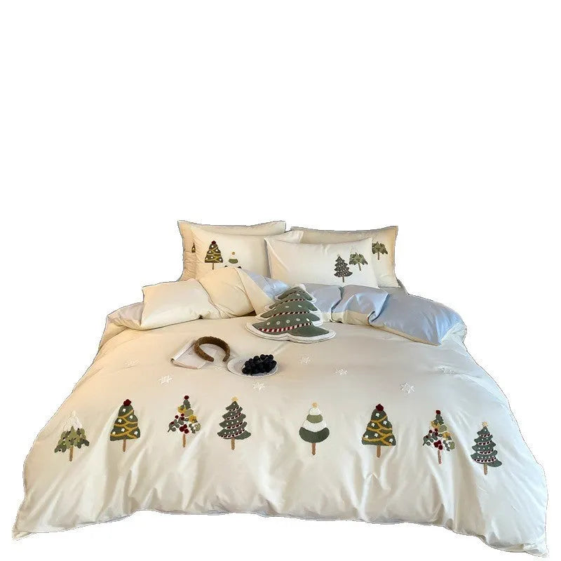 Christmas tree towel embroidery on pure cotton bedding set with botanical patterns
