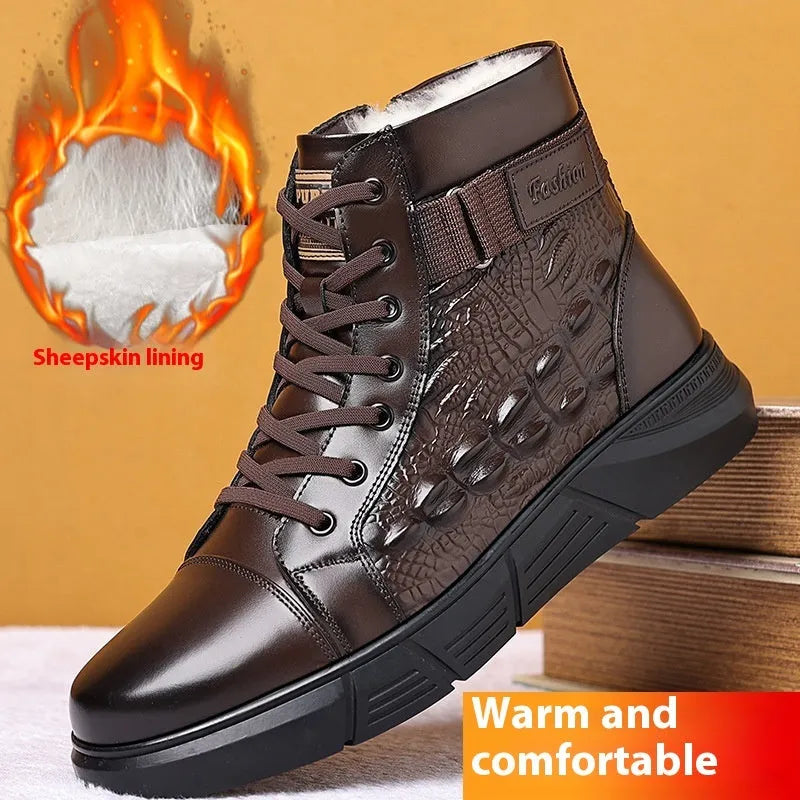 Genuine leather winter boots with fur trim and non-slip rubber sole in black or brown velvet colours
