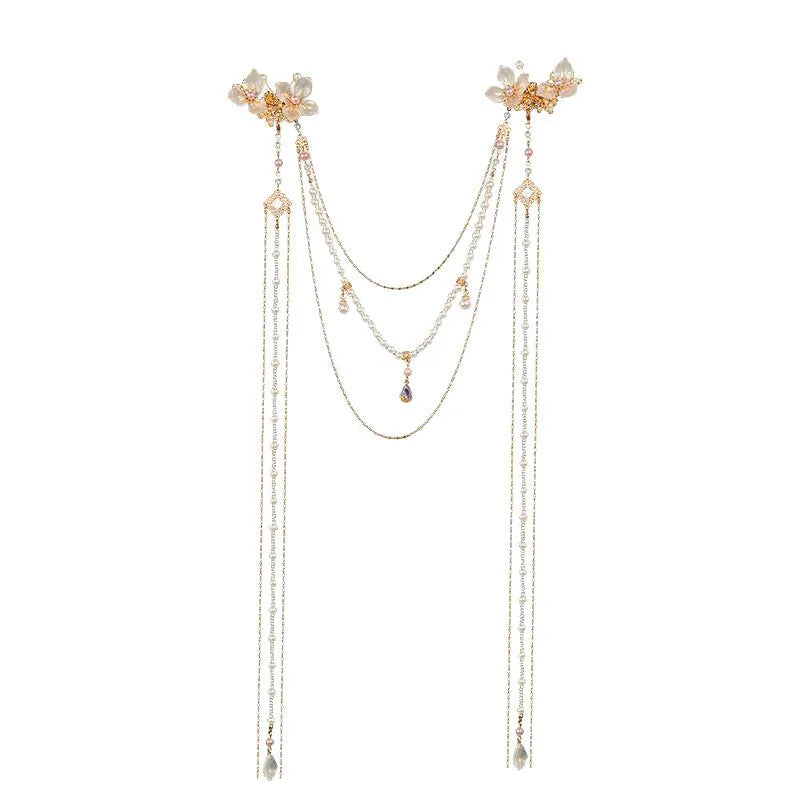Gold women's hairpin with pearl, diamond flower and long tassel design