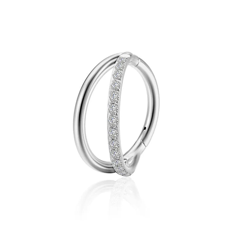 Titanium alloy L-shaped fork nose ring in silver, gold, black, rose gold and colourful finishes on a white background.
