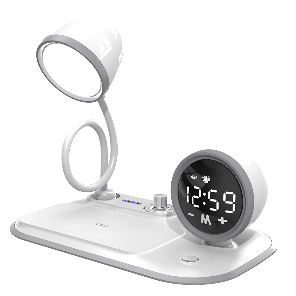 White three-in-one desk lamp with digital clock display and wireless charging surface