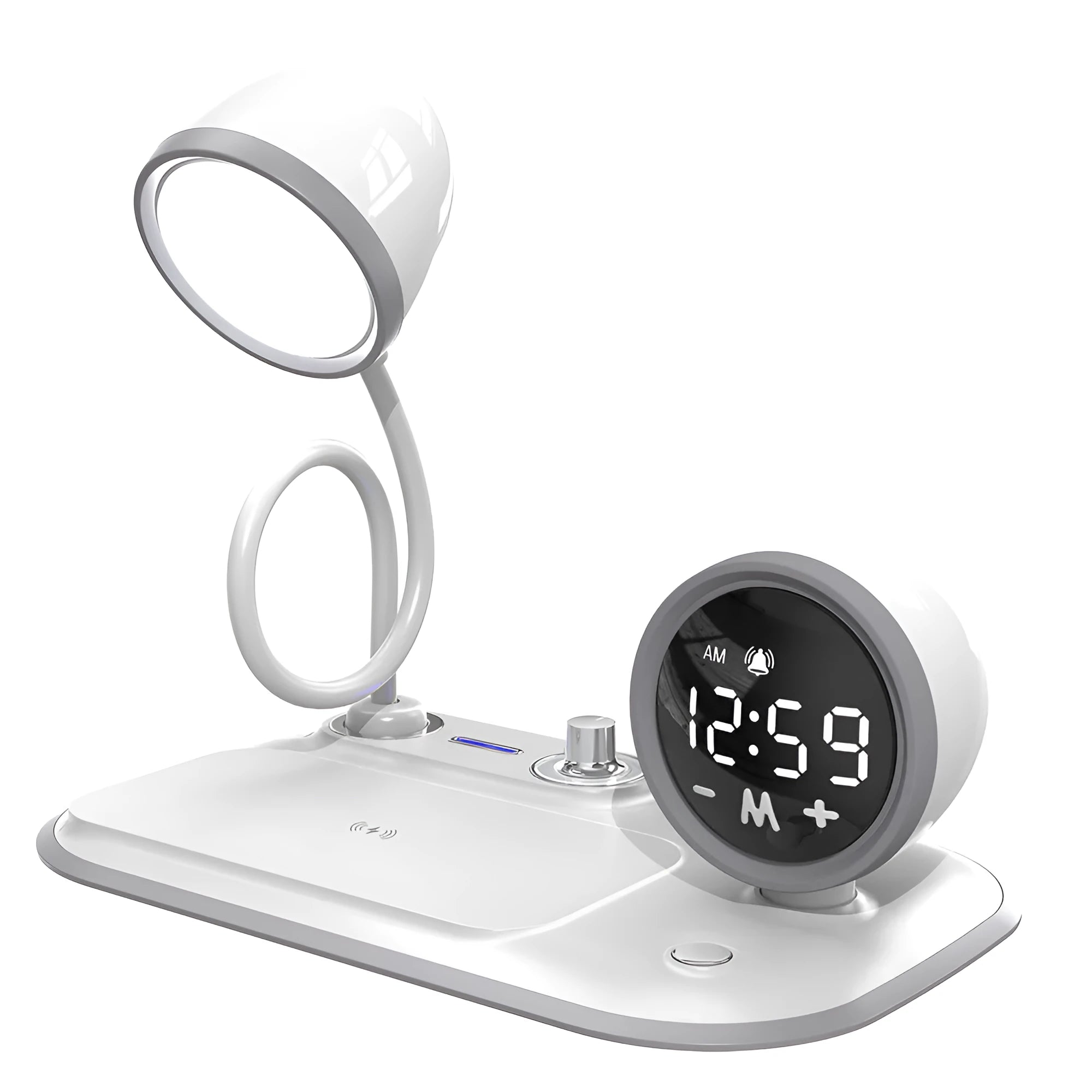 White three-in-one desk lamp with digital clock display and wireless charging surface