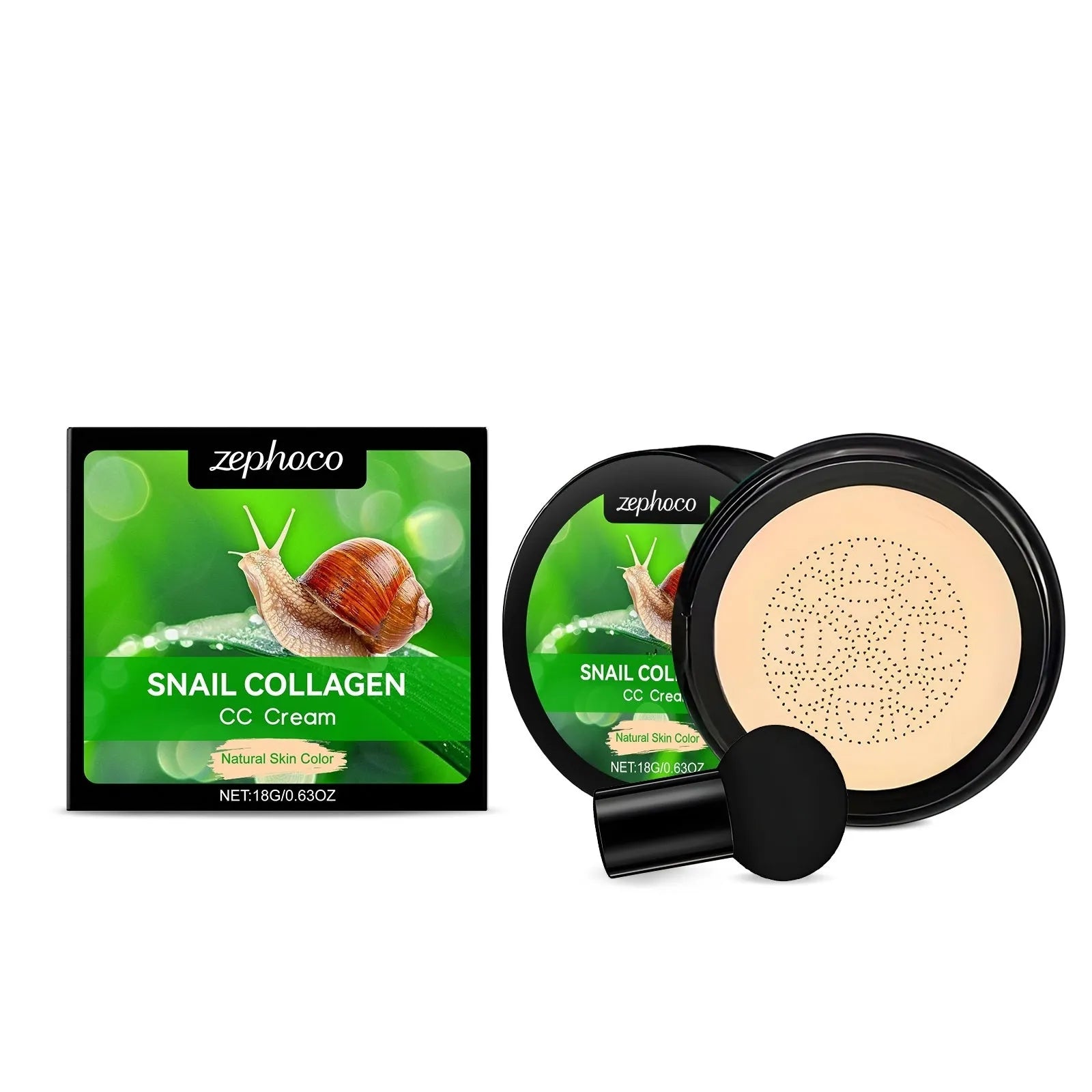 ZEPHOCO CC cream foundation tube with mushroom powder puff in ivory white or natural colour