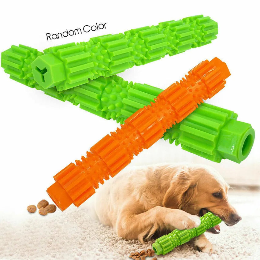 Green and orange natural rubber dog chew toy with treat dispensing hole