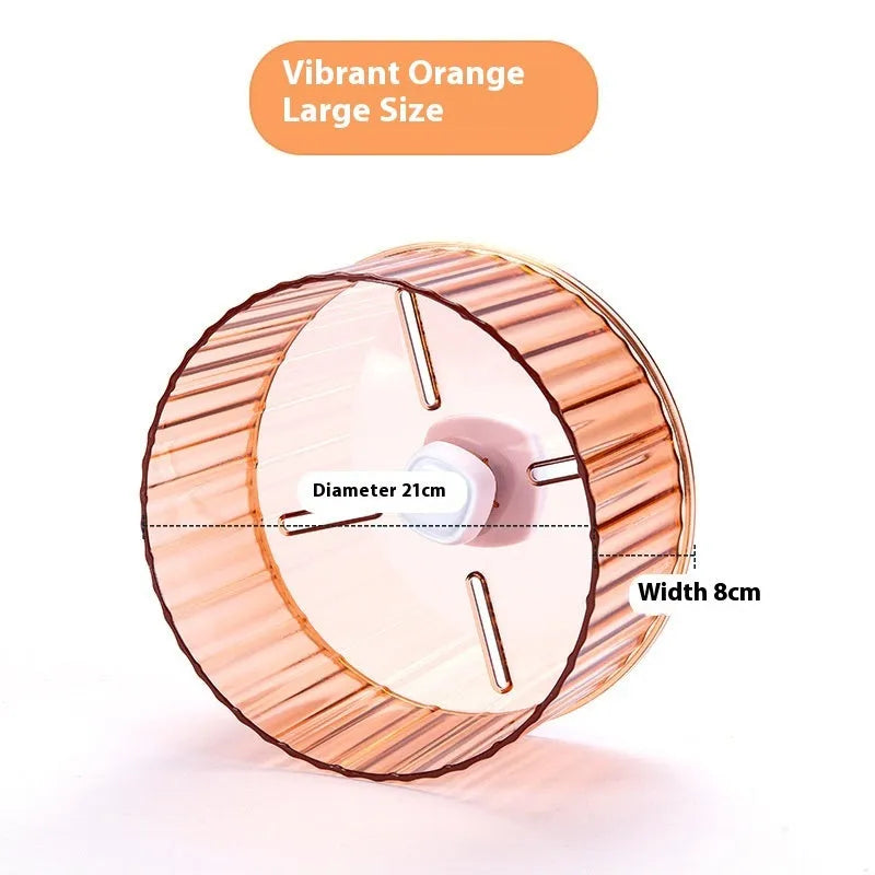 Plastic bird running wheel toy in green, orange, grey, purple or transparent colour, showing 21cm and 17cm diameter options