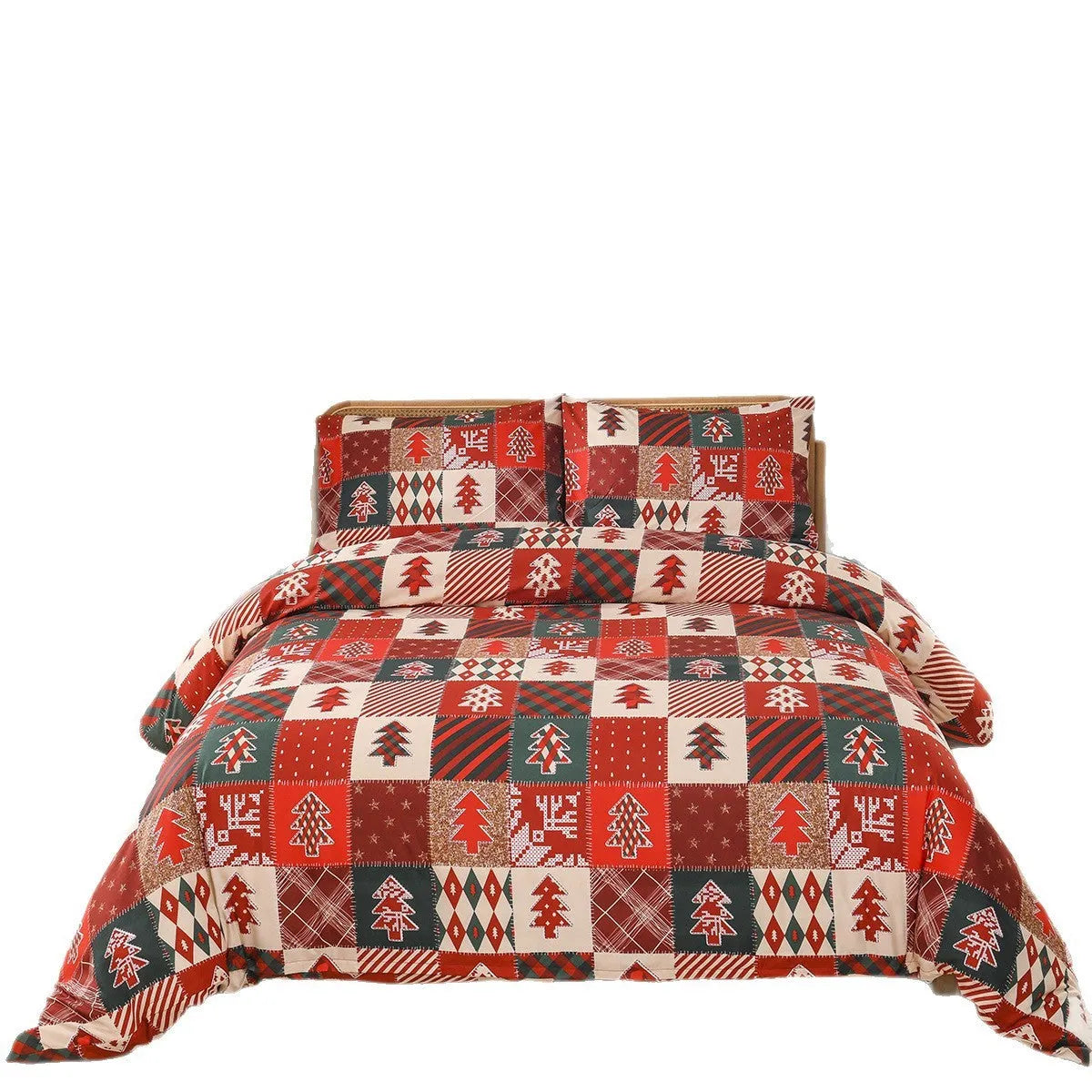 Christmas red plaid patterned quilt cover and pillowcases bedding set on a bed.
