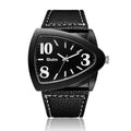 Men's casual quartz watch with triangle belt detail on case and brown leather strap, showing slim 9mm profile.