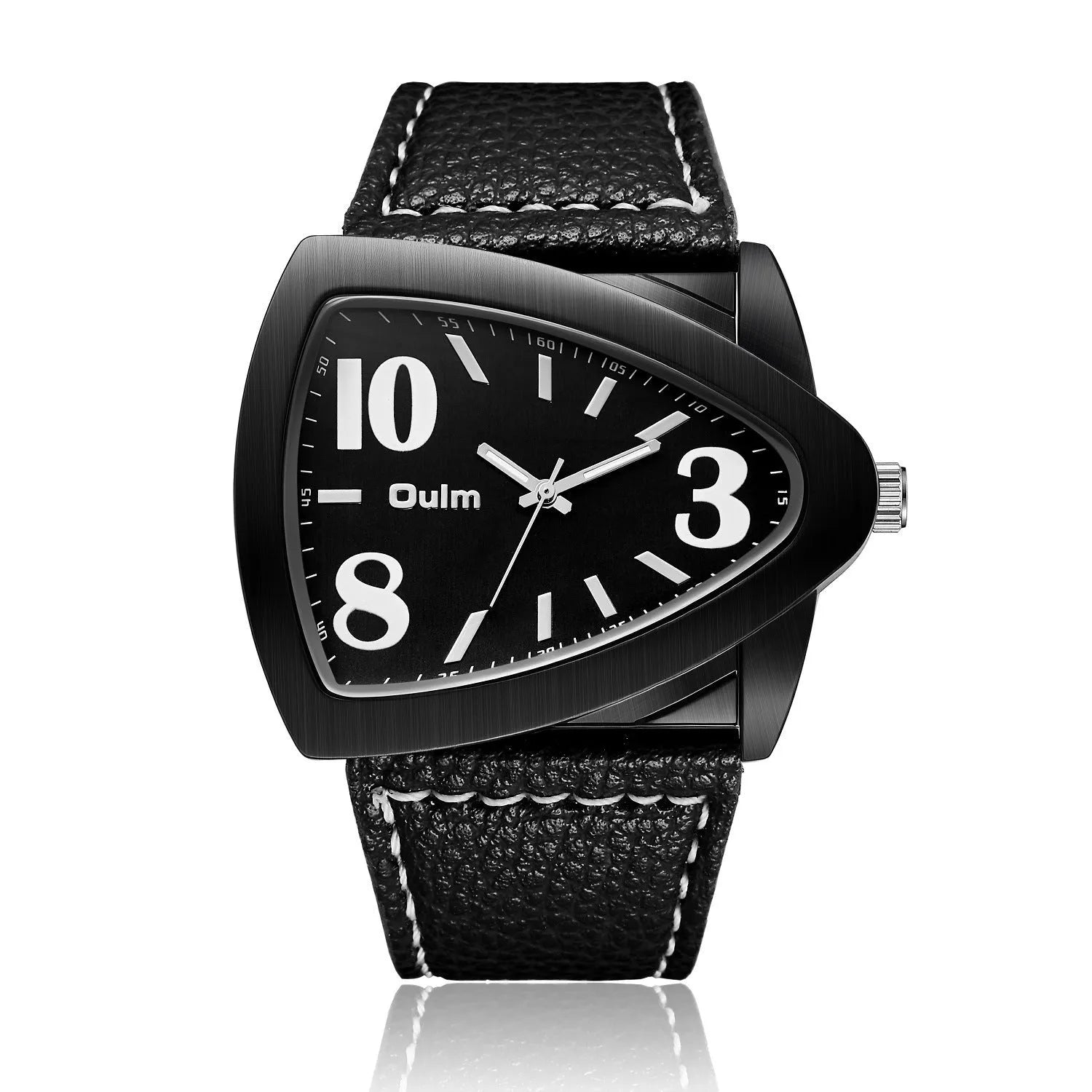 Men's casual quartz watch with triangle belt detail on case and brown leather strap, showing slim 9mm profile.