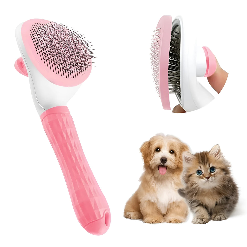 Blue cat grooming brush with a release button for removing collected pet hair.