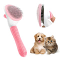 Blue cat grooming brush with a release button for removing collected pet hair.