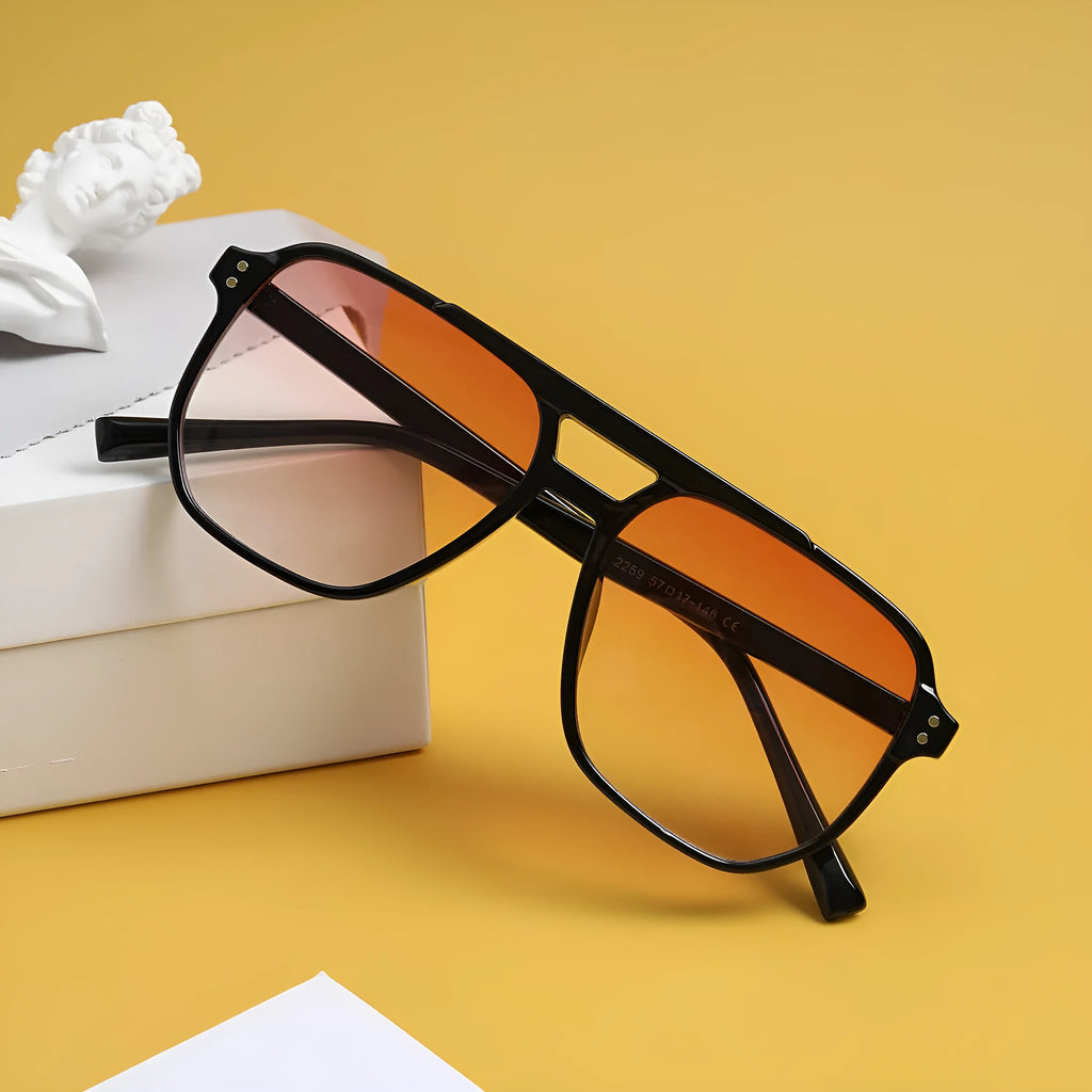 Square double beam fashion sunglasses with black PC frame and coloured AC lenses for UV400 protection