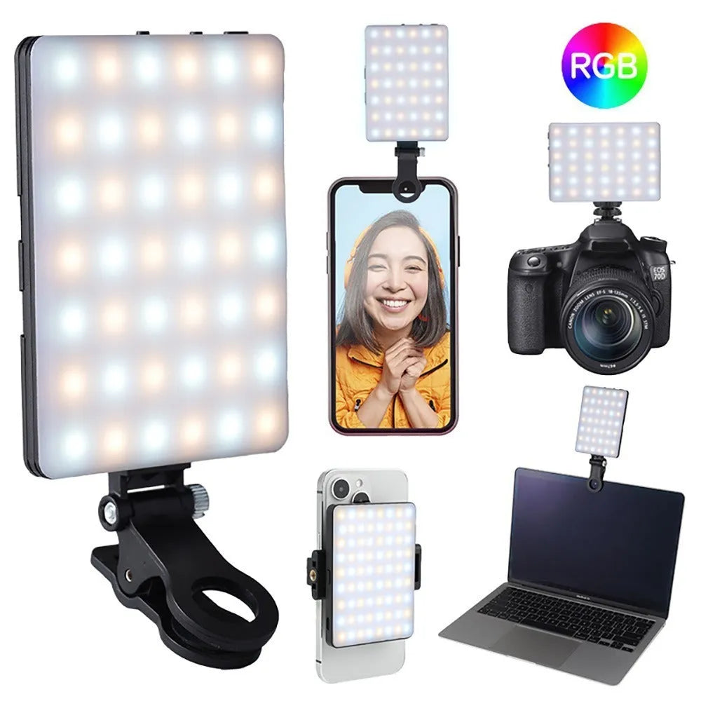 Portable LED fill light clipped onto mobile phone for photography and live streaming