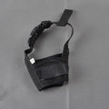 A black adjustable plastic mesh dog muzzle shown on a size chart with options for blue, pink, purple, and red.