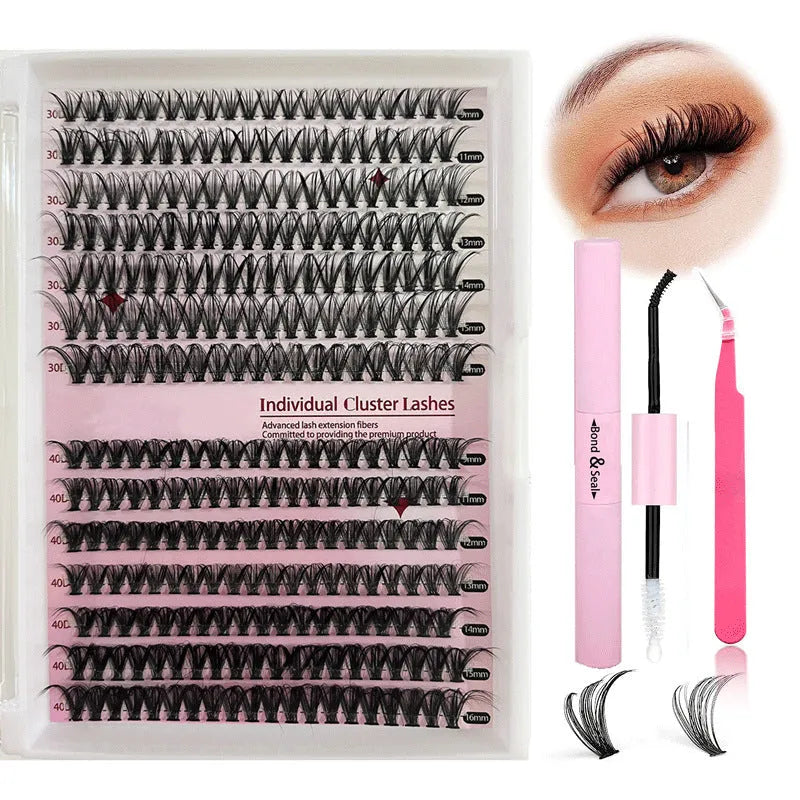 DIY cluster lashes mixed package showing 30D and 40D false eyelashes with tweezers