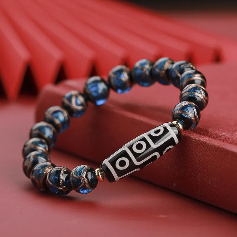 Chinese style bracelet with colourful glaze beads and a central snake charm, showing 10mm bead size option.