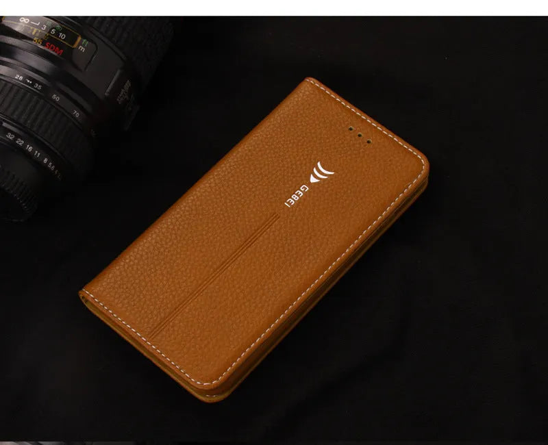 Black PU leather wallet-style case open to show card slots, next to an iPhone.