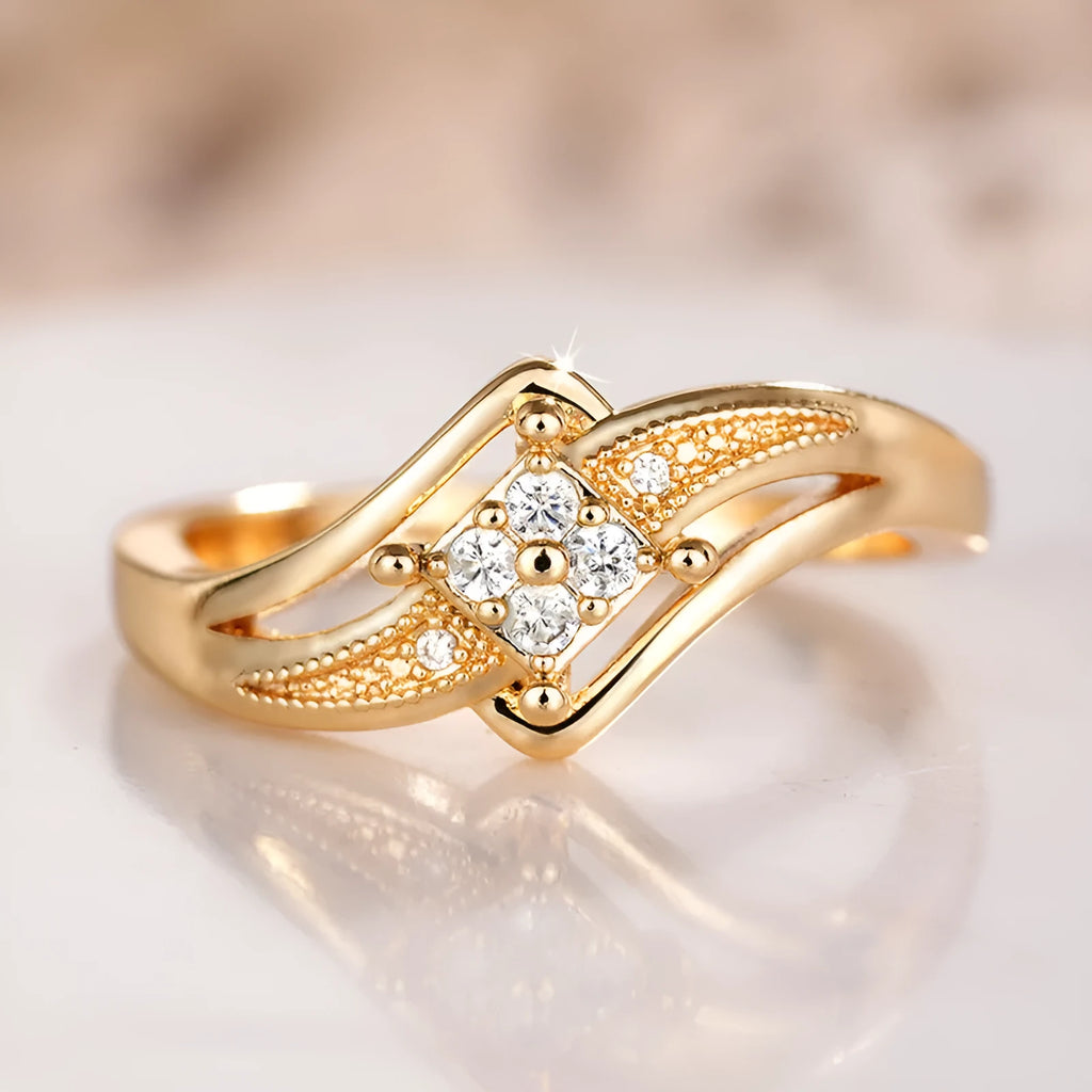 Copper diamond ring with geometric design and micro inlaid zircon in yellow gold colour