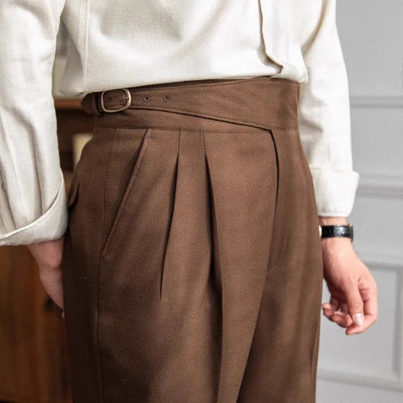 Men's high-waisted straight leg casual trousers in black, shown laid flat.