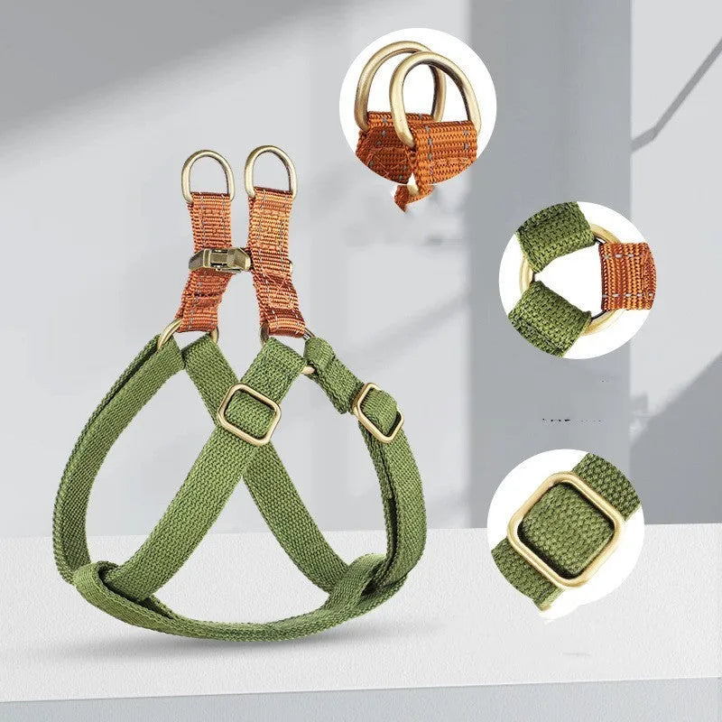Brown vest-style dog leash with adjustable cotton chest harness and nylon lead for small dogs