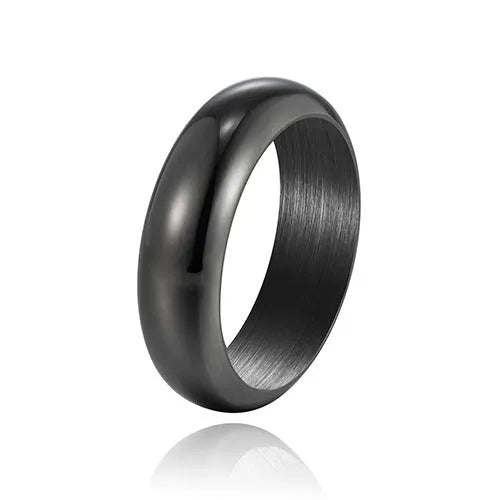 Glossy electroplated titanium steel ring shown in gold, black, and steel colour options on a plain background.