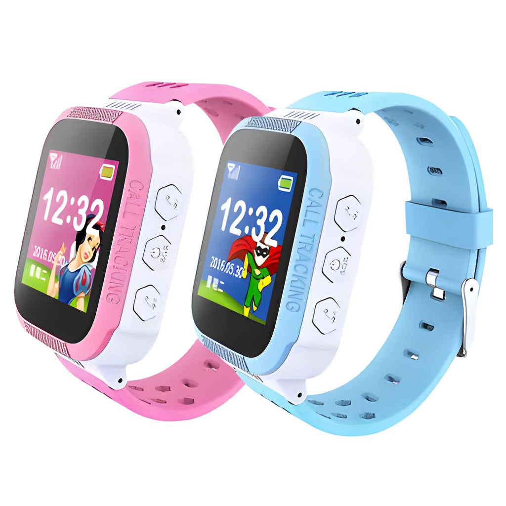 Blue and pink children's phone watch with 1.44-inch IPS screen showing time display