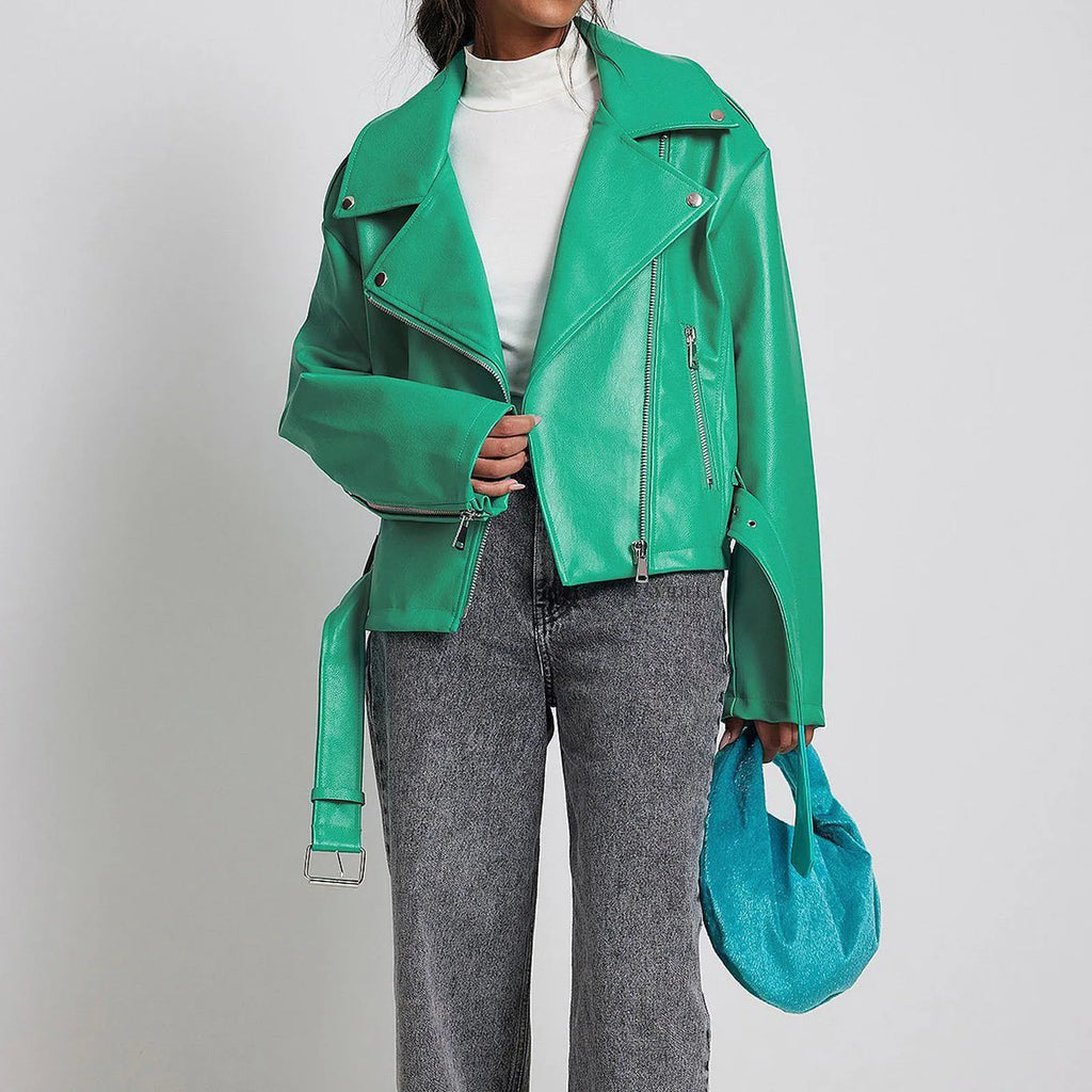 Punk style short belt lapel jacket with leather locomotive detailing in polyester fibre
