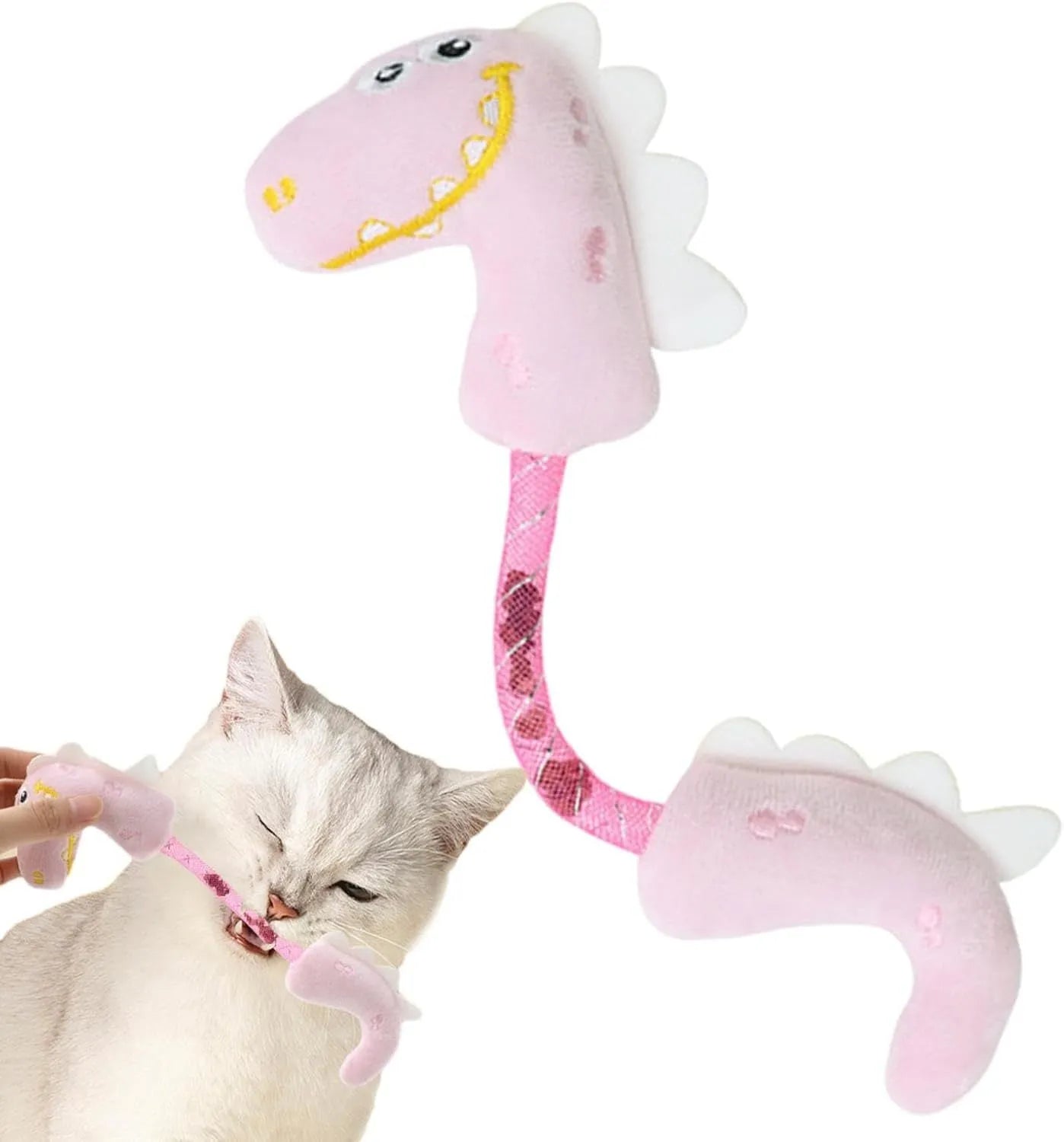 Four-piece cat toy bundle showing plush mouse, fish, bunny, rope toys, springs and kicker toys in assorted colours