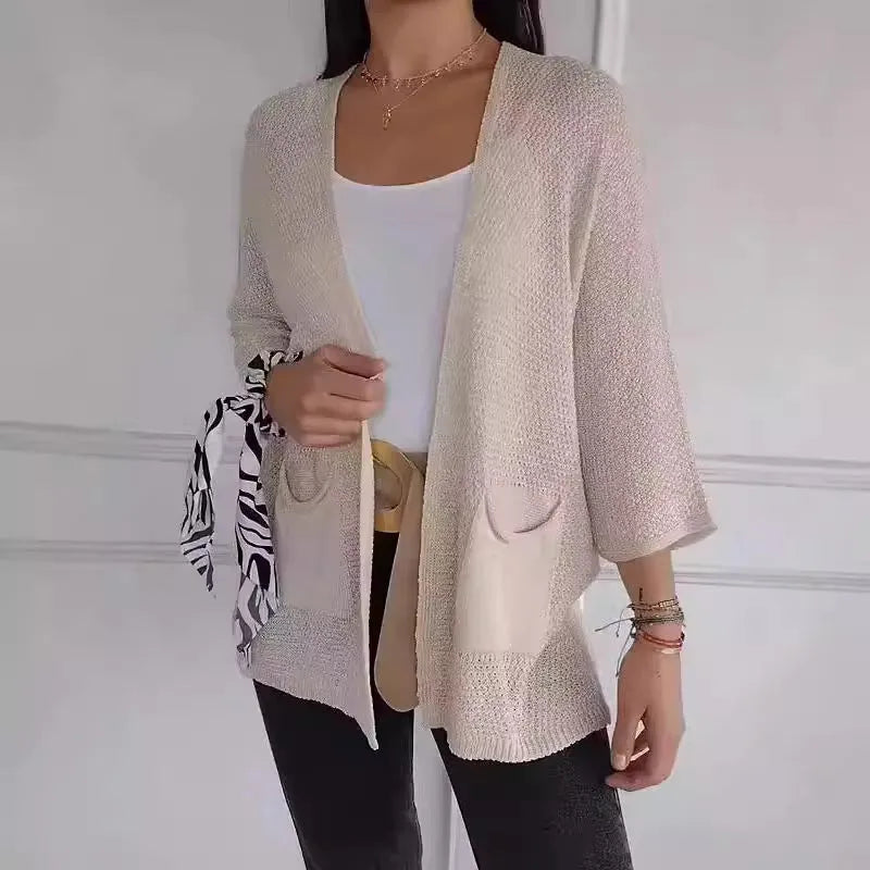 Women's waffle knit cardigan coat in army green with nine-quarter sleeves and pockets