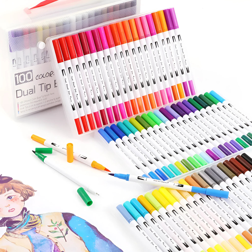 Set of watercolour brush pens with brush tips in a case, showing multiple colour options from 48 to 100 count.